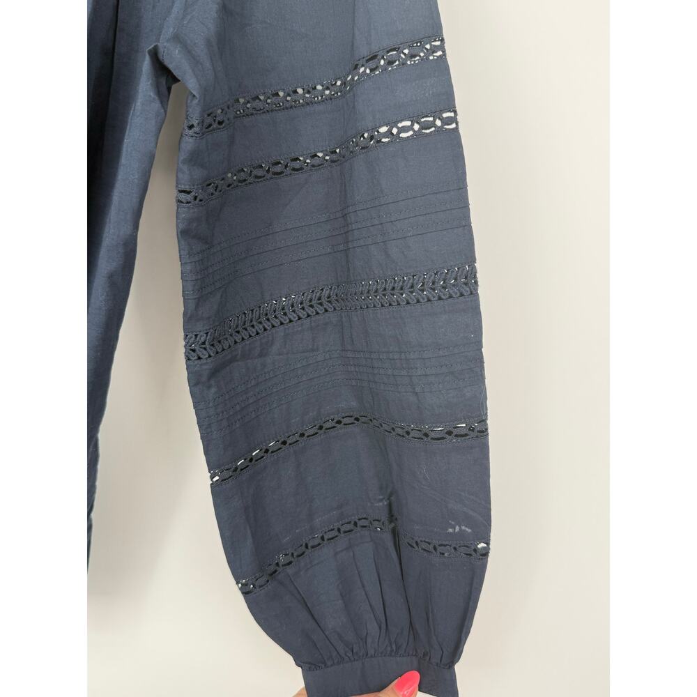 Madewell Navy Pintuck Lace Insert Blouse Ruffle Neck Boho Cottagecore Top L - Picture 8 of 13
